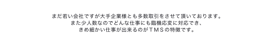 まだ若い会社ですが大手企業とも多数取引させて頂いております。また少人数なのでどんな仕事にも臨機応変に対応でき、きめ細かい仕事ができるのがTMSの特徴です。